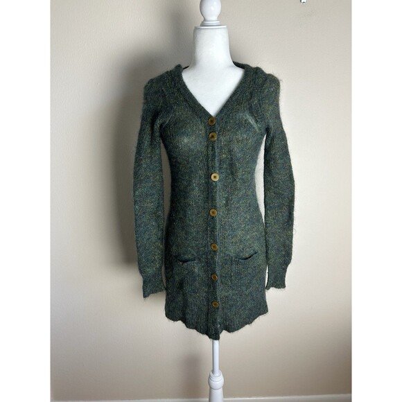 Halogen S Mohair Sweater Green Duster Cardigan Fuzzy Knit V-neck - Picture 1 of 4